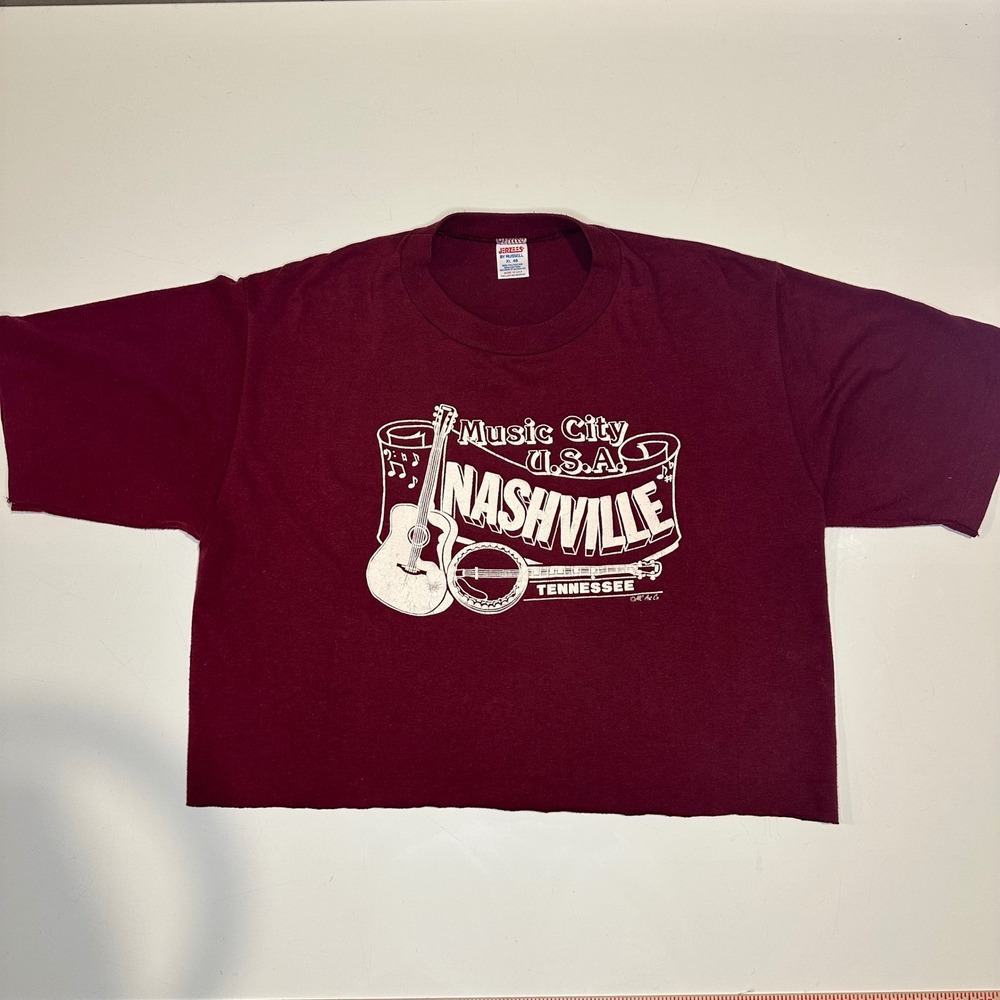 Vtg‎ Nashville Music USA T shirt Womens XL Cropped Burgundy Cotton Graphic Tee